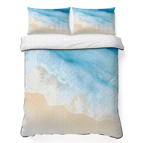 King Quilt Bedding Set, Blue Ocean Wave Soft Microfiber Summer Bedspread Coverlet with 2 Pillow Shams for All Season, Sandy Beach Gentle Waves Breathable Bedding Set for Hot Sleepers