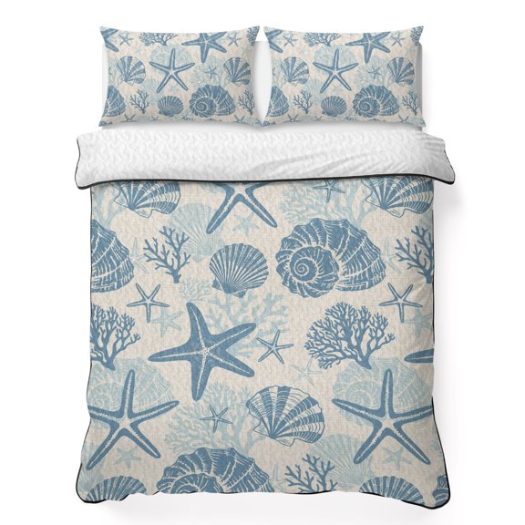 King Quilt Bedding Set Blue Starfish Shell Conch Coral Summer Quilt Lightweight Quilted Coverlet with 2 Pillow Shams, Vintage Ocean Creature Theme 3-Piece Bedspread Quilt Set for All Season