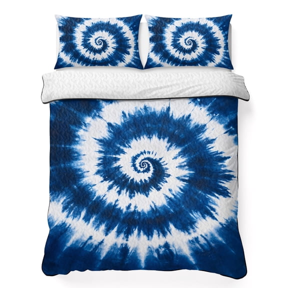 King Quilt Bedding Set, Blue Tie Dye Vortex Psychedelic Soft Microfiber Summer Bedspread Coverlet with 2 Pillow Shams, Abstract Ethnic Tribal Style Breathable Bedding Set for Hot Sleepers