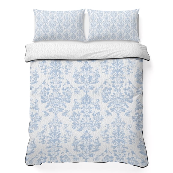 King Quilt Bedding Set Blue and White Floral Retro Summer Quilt Lightweight Quilted Coverlet with 2 Pillow Shams, Retro Medieval Patterns 3-Piece Bedspread Quilt Set for All Season