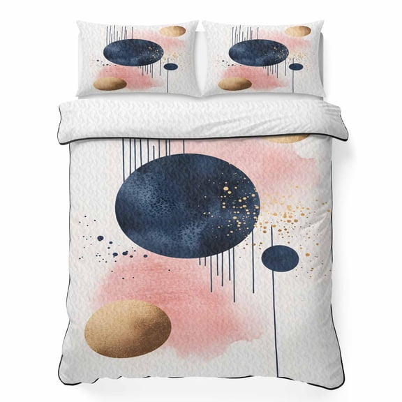King Quilt Bedding Set Bohemian Art Color Block Line Summer Quilt Lightweight Quilted Coverlet with 2 Pillow Shams, Nordic Minimalist Style 3-Piece Bedspread Quilt Set for All Season