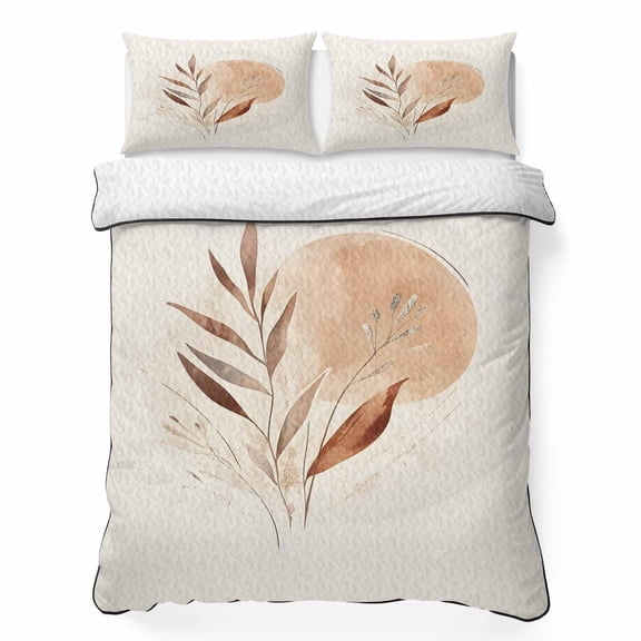 King Quilt Bedding Set Bohemian Color Block Abstract Leaf Summer Quilt Lightweight Quilted Coverlet with 2 Pillow Shams, Nordic Minimalist Style 3-Piece Bedspread Quilt Set for All Season