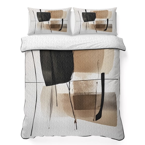 King Quilt Bedding Set Boho Abstract Color Blocks Brown Summer Quilt Lightweight Quilted Coverlet with 2 Pillow Shams, Nordic Minimalist Style 3-Piece Bedspread Quilt Set for All Season