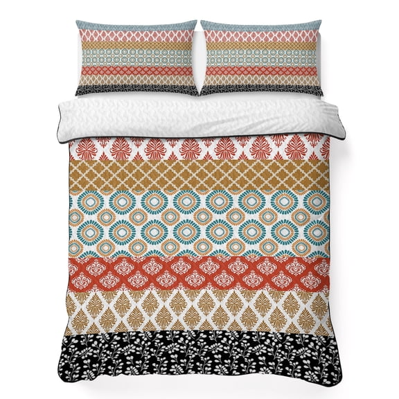 King Quilt Bedding Set, Boho Abstract Geometric Ethnic Style Soft Microfiber Summer Bedspread Coverlet with 2 Pillow Shams, Damask Floral Moroccan Plaid Breathable Bedding Set for Hot Sleepers