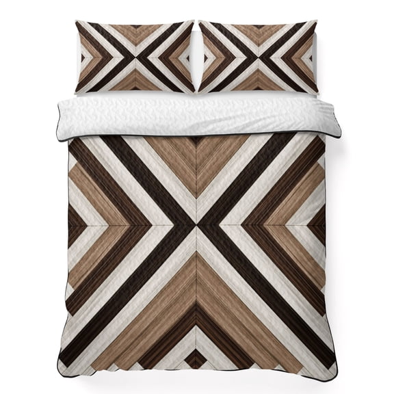 King Quilt Bedding Set, Boho Aztec Ethnic Style Soft Microfiber Summer Bedspread Coverlet with 2 Pillow Shams for All Season, Vintage Wood Grain Breathable Bedding Set for Hot Sleepers