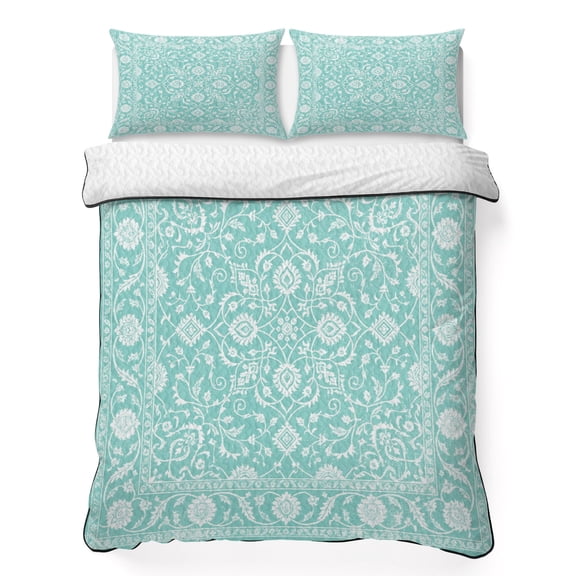 King Quilt Bedding Set, Boho Mint Green Paisley Floral Soft Microfiber Summer Bedspread Coverlet with 2 Pillow Shams for All Season, Abstract Wild Flower Breathable Bedding Set for Hot Sleepers