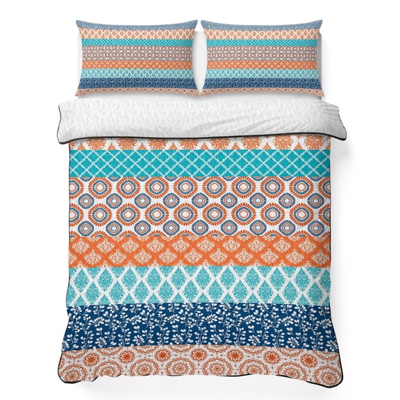 King Quilt Bedding Set Boho Orange Abstract Geometric Breathable Summer Cooling Blanket for Hot Sleepers, Morocco Ethnic Damask Floral Soft Bedding Set with 2 Pillow Shams for All Season