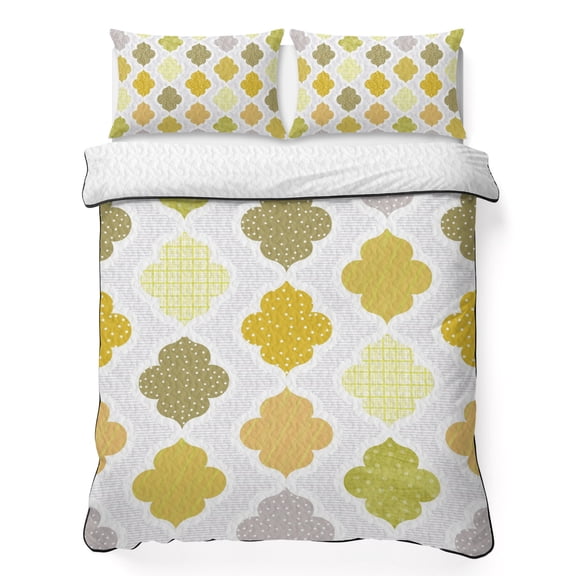 King Quilt Bedding Set Boho Yellow Geometric Medieval Lightweight Summer Quilted Coverlet for Hot Sleepers, Abstract Grid Moroccan Breathable Soft Cooling Blanket with 2 Pillow Shams for All Season