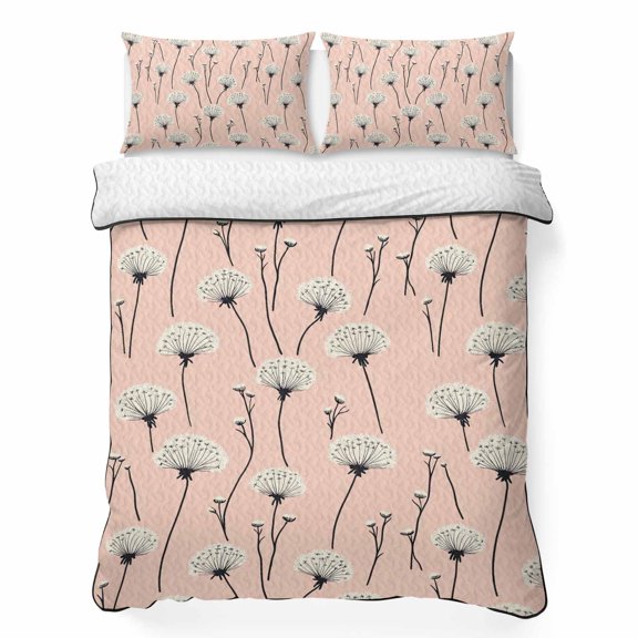 King Quilt Bedding Set, Botanical Dandelion Flower Sketch 3 Piece Bedding Set Lightweight Breathable Quilt with 2 Pillow Shams, Natural Plant Stripe Art Soft Summer Comforter for Hot Sleepers