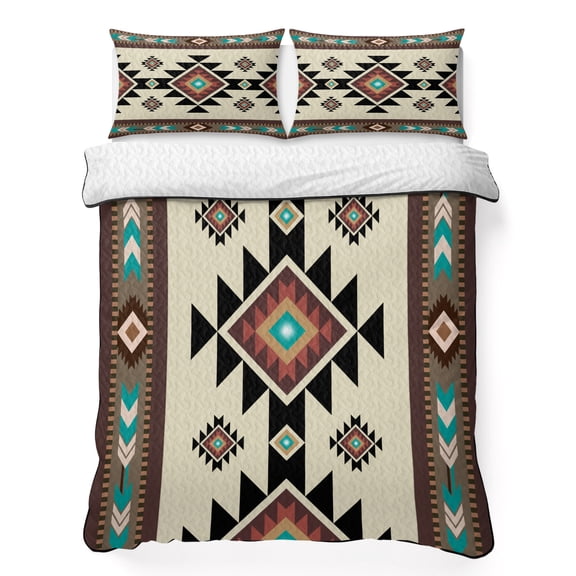 King Quilt Bedding Set Brown Aztec Ethnic Art Lightweight Summer Quilted Coverlet for Hot Sleepers, Retro Tribal Brown Texture Breathable Soft Cooling Blanket with 2 Pillow Shams for All Season