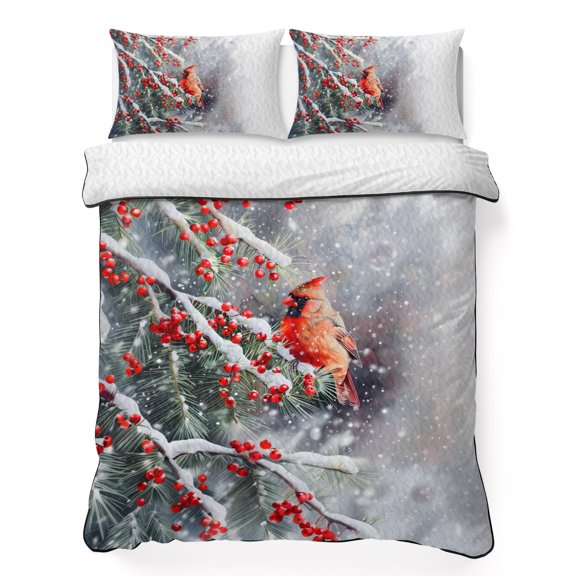 King Quilt Bedding Set Cardinal Winter Berries Pine Branches White Snowflakes Summer Quilt Lightweight Quilted Coverlet with 2 Pillow Shams, Snow Scene 3-Piece Bedspread Quilt Set for All Season