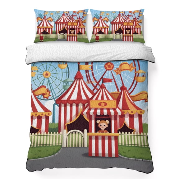 King Quilt Bedding Set Carnival Amusement Park Summer Quilt Lightweight Quilted Coverlet with 2 Pillow Shams, Cartoon Wheelwheels Cute Kid 3-Piece Bedspread Quilt Set for All Season