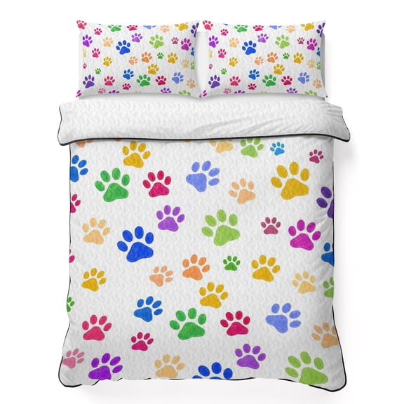 King Quilt Bedding Set Cartoon Animal Paw Prints Lightweight Summer Quilted Coverlet for Hot Sleepers, Colorful Animal Tracks Breathable Soft Cooling Blanket with 2 Pillow Shams for All Season