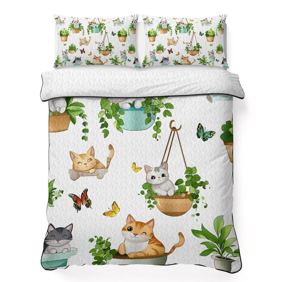 King Quilt Bedding Set, Cartoon Cat Funny Animal Soft Microfiber Summer Bedspread Coverlet with 2 Pillow Shams for All Season, Butterfly Green Leaf Pot Plant Breathable Bedding Set for Hot Sleepers