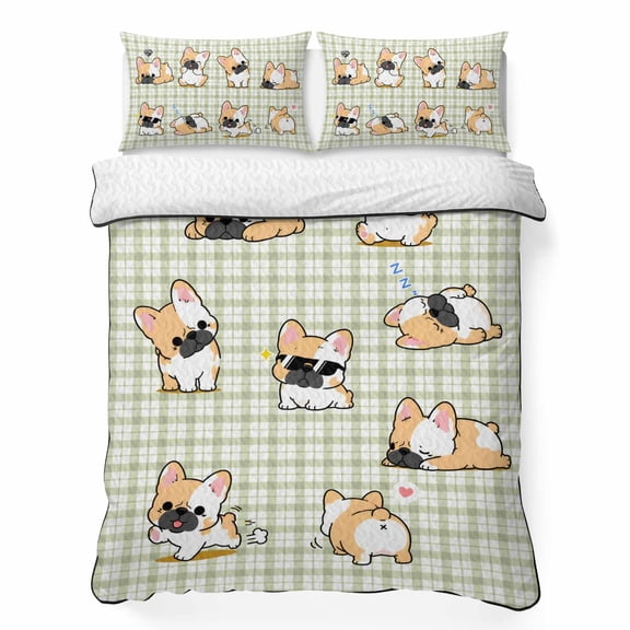 King Quilt Bedding Set, Cartoon Cute Corgi-dog Soft Microfiber Summer Bedspread Coverlet with 2 Pillow Shams for All Season, Green Plaid Background Breathable Bedding Set for Hot Sleepers