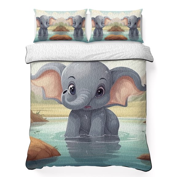 King Quilt Bedding Set Cartoon Elephant in River Lightweight Summer Quilted Coverlet for Hot Sleepers, Natural Animal Plant Scenic Theme Breathable Soft Blanket with 2 Pillow Shams for All Season