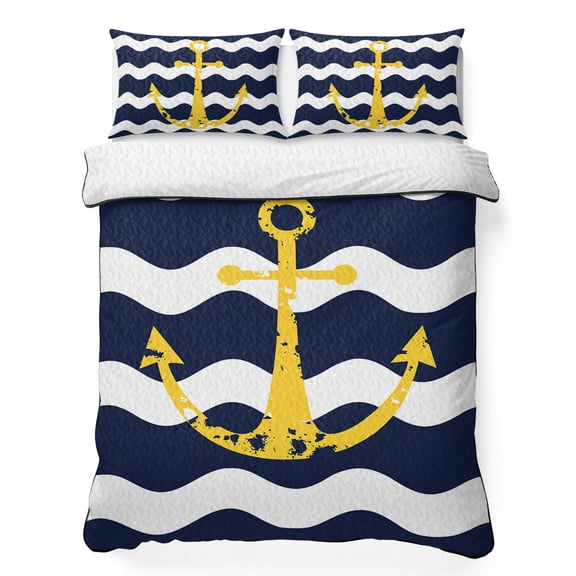 King Quilt Bedding Set, Chic Nautical Anchor on Navy Blue White Sripes 3 Piece Bedding Set Breathable Quilt with 2 Pillow Shams, Chevron Zig Zag Soft Microfiber Summer Comforter for Hot Sleepers