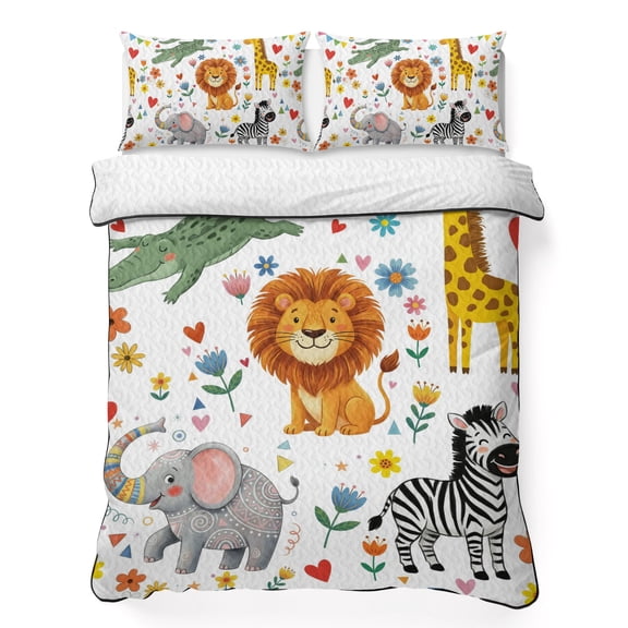 King Quilt Bedding Set Children's Day Lion Elephant Summer Quilt Lightweight Quilted Coverlet with 2 Pillow Shams, Giraffe Zebra Crocodile 3-Piece Bedspread Quilt Set for All Season