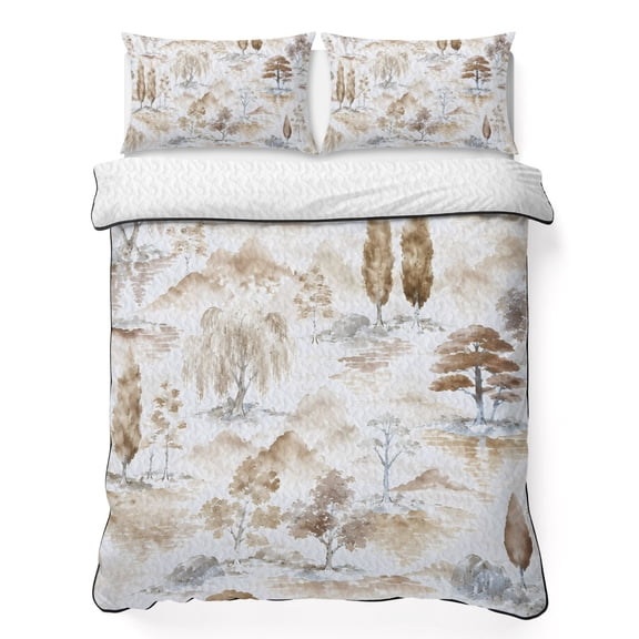 King Quilt Bedding Set Chinoiserie Nature Landscape Summer Quilt Lightweight Quilted Coverlet with 2 Pillow Shams, Watercolor Mountain Willow Tree 3-Piece Bedspread Quilt Set for All Season