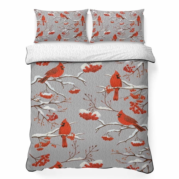King Quilt Bedding Set Christmas Cardinal Winter Snowflake Summer Quilt Lightweight Quilted Coverlet with 2 Pillow Shams, Country Berry on Gray 3-Piece Bedspread Quilt Set for All Season