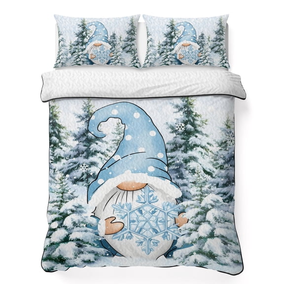 King Quilt Bedding Set Christmas Dwarf Pine Tree Winter Snowflake Lightweight Summer Quilted Coverlet for Hot Sleepers, Blue Gradient Breathable Soft Blanket with 2 Pillow Shams for All Season