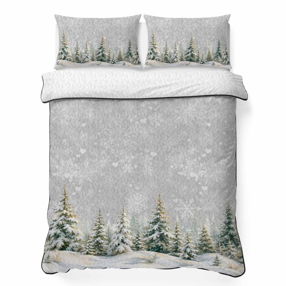 King Quilt Bedding Set, Christmas Pine Tree 3 Piece Bedding Set Lightweight Breathable Quilt with 2 Pillow Shams, Winter Snowy Scene Forest Gray Soft Microfiber Summer Comforter for Hot Sleepers