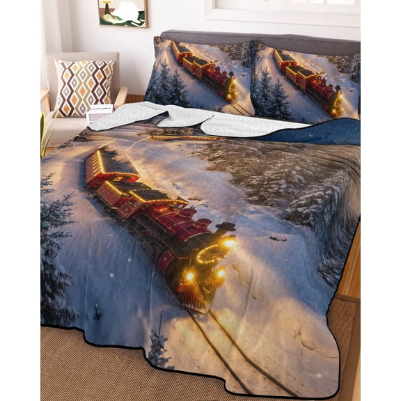 King Quilt Bedding Set, Christmas Steam Train Lightweight Coverlet Summer Comforter Set Soft Microfiber Bedspread, Winter Snow Forest 3 Piece Quilt Set with 2 Pillow Shams All Seasons Use