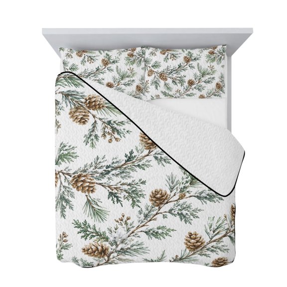 King Quilt Bedding Set, Christmas Tree Branch Pinecones Soft Microfiber Summer Bedspread Coverlet with 2 Pillow Shams, Winter Seamless Pine Needles Breathable Bedding Set for Hot Sleepers