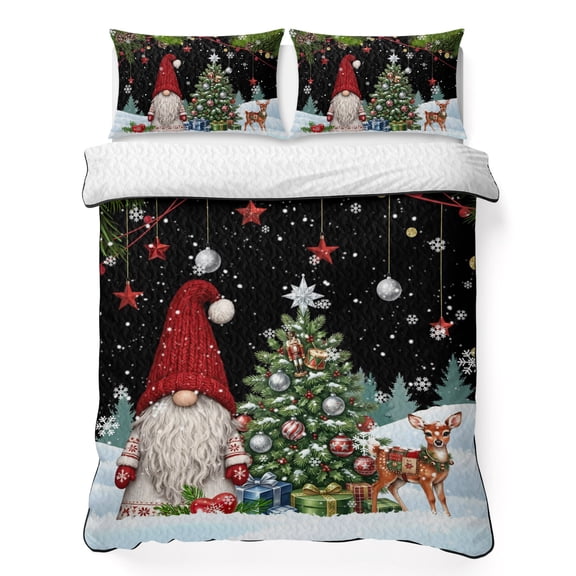 King Quilt Bedding Set, Christmas Tree Gnome Elk 3 Piece Bedding Set Lightweight Breathable Quilt with 2 Pillow Shams, Winter Snowflake Pine Branches Soft Summer Comforter for Hot Sleepers