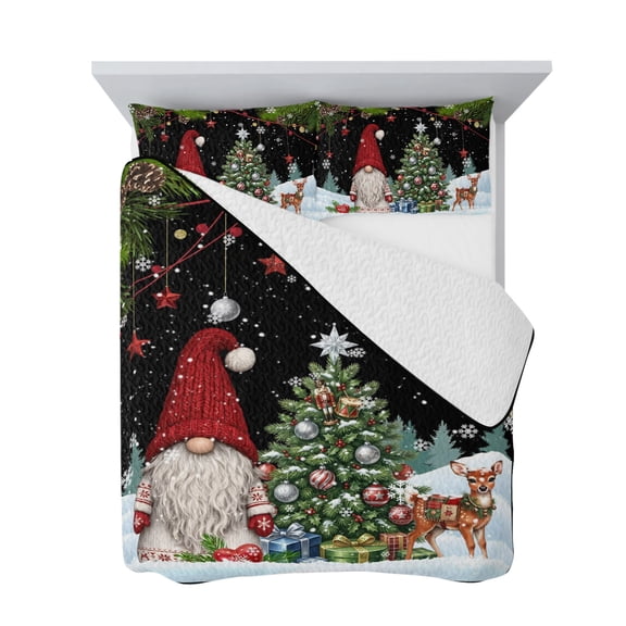 King Quilt Bedding Set, Christmas Tree Gnome Elk Soft Microfiber Summer Bedspread Coverlet with 2 Pillow Shams for All Season, Winter Snowflake Pine Branches Breathable Bedding Set for Hot Sleepers