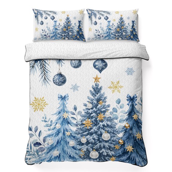 King Quilt Bedding Set, Christmas Tree Gradient Blue 3 Piece Bedding Set Lightweight Breathable Quilt with 2 Pillow Shams, Pine Branches Winter Snowflakes Soft Microfiber Summer Comforter