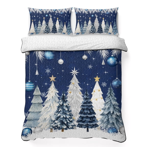King Quilt Bedding Set, Christmas Tree Pine Branches 3 Piece Bedding Set Lightweight Breathable Quilt with 2 Pillow Shams, Winter Snowflake Navy Blue White Soft Summer Comforter for Hot Sleepers