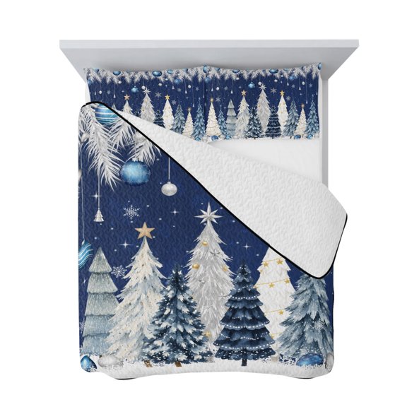 King Quilt Bedding Set, Christmas Tree Pine Branches Soft Microfiber Summer Bedspread Coverlet with 2 Pillow Shams, Winter Snowflake Navy Blue White Breathable Bedding Set for Hot Sleepers
