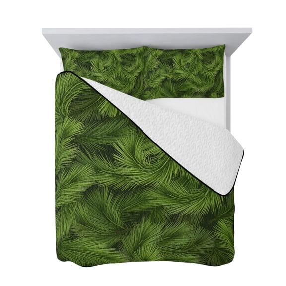 King Quilt Bedding Set, Christmas Tree Pine Needle Branch Soft Microfiber Summer Bedspread Coverlet with 2 Pillow Shams for All Season, Green Botanical Breathable Bedding Set for Hot Sleepers