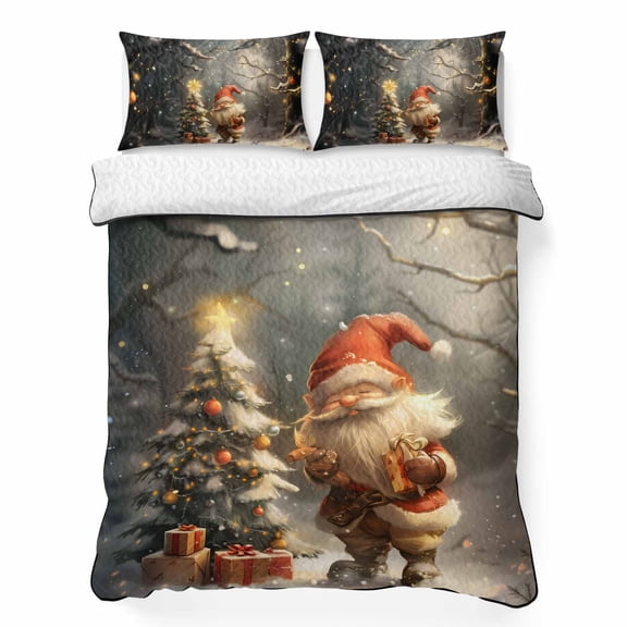 King Quilt Bedding Set, Christmas Tree Santa Gnome Forest Branch 3 Piece Bedding Set Lightweight Breathable Quilt with 2 Pillow Shams, Winter Snow Night Soft Summer Comforter for Hot Sleepers