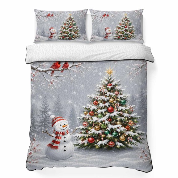King Quilt Bedding Set, Christmas Tree Snowman 3 Piece Bedding Set Lightweight Breathable Quilt with 2 Pillow Shams, Winter Snowflake Cardinal Tree Branch Soft Summer Comforter for Hot Sleepers