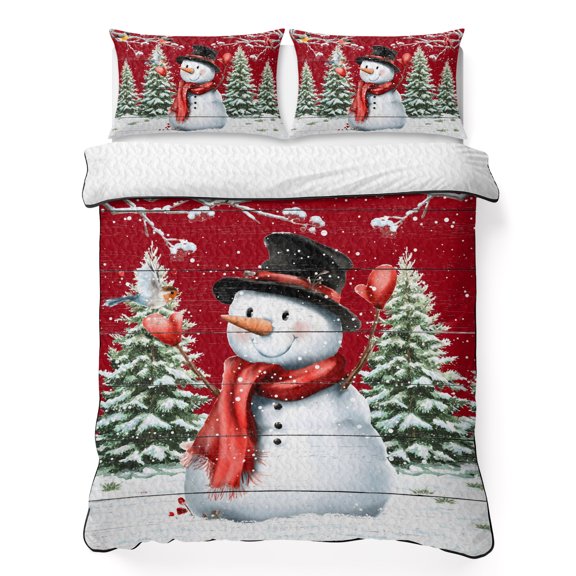 King Quilt Bedding Set, Christmas Tree Snowman Red Wood Grain 3 Piece Bedding Set Lightweight Breathable Quilt with 2 Pillow Shams, Winter Branches Snowflake Soft Summer Comforter for Hot Sleepers