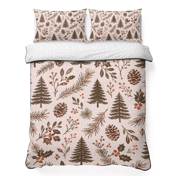 King Quilt Bedding Set, Christmas Tree Winter Berry 3 Piece Bedding Set Lightweight Breathable Quilt with 2 Pillow Shams, Country Pine Branches Soft Microfiber Summer Comforter for Hot Sleepers