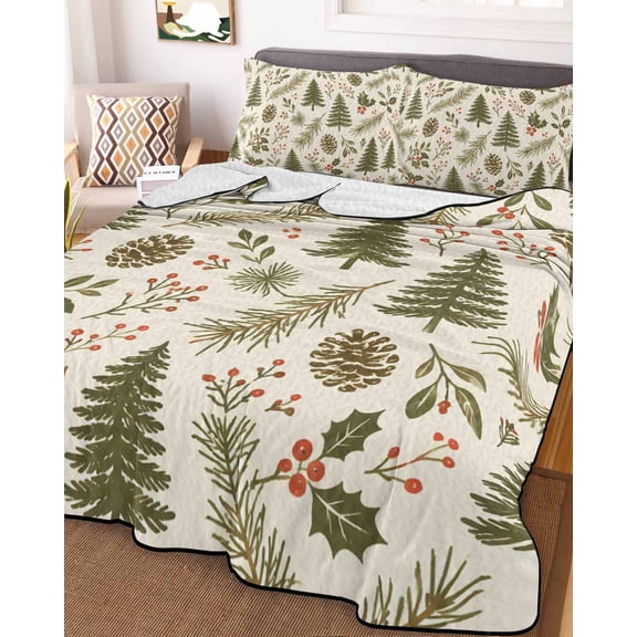 King Quilt Bedding Set, Christmas Tree Winter Berry Lightweight Coverlet Summer Comforter Set Soft Microfiber Bedspread, Farmhouse Pine Branches 3 Piece Quilt Set with 2 Pillow Shams