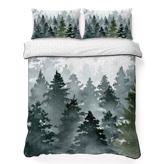 King Quilt Bedding Set Christmas Tree Winter Snowflake Summer Quilt Lightweight Quilted Coverlet with 2 Pillow Shams, Green Pine Forest Watercolor 3-Piece Bedspread Quilt Set for All Season