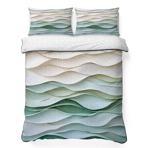 King Quilt Bedding Set, Classical Abstract Waves Texture Soft Microfiber Summer Bedspread Coverlet with 2 Pillow Shams for All Season, Watercolor Wavy Seamless Breathable Bedding Set for Hot Sleepers