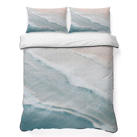 King Quilt Bedding Set Coastal Blue White Waves on Beach Summer Quilt Lightweight Quilted Coverlet with 2 Pillow Shams, Ocean Seaside Landscape 3-Piece Bedspread Quilt Set for All Season
