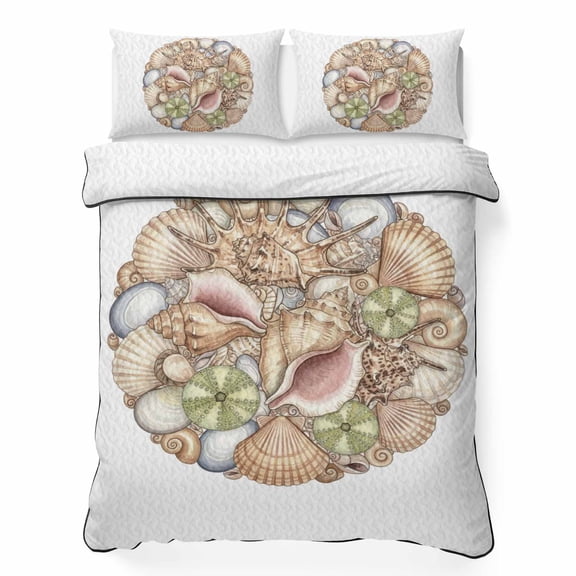 King Quilt Bedding Set, Coastal Colorful Shell Conch Soft Microfiber Summer Bedspread Coverlet with 2 Pillow Shams for All Season, Modern Abstract Art Breathable Bedding Set for Hot Sleepers