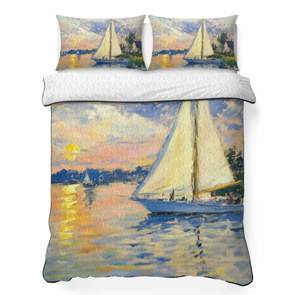 King Quilt Bedding Set, Coastal Ocean Sailboat Soft Microfiber Summer Bedspread Coverlet with 2 Pillow Shams for All Season, Nautical Theme Oil Painting Art Breathable Bedding Set for Hot Sleepers