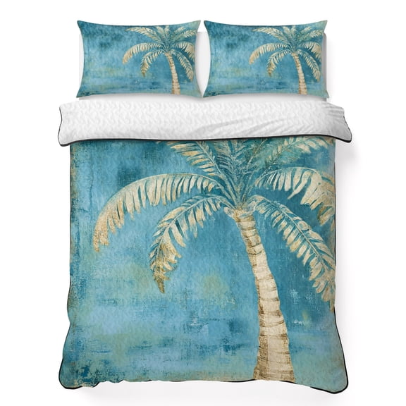 King Quilt Bedding Set, Coastal Palm Tree Ombre Blue Soft Microfiber Summer Bedspread Coverlet with 2 Pillow Shams for All Season, Summer Tropical Leaves Breathable Bedding Set for Hot Sleepers