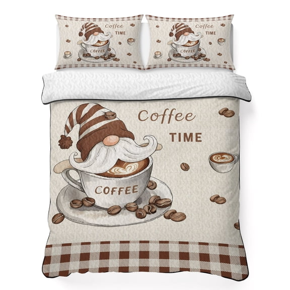King Quilt Bedding Set, Coffee Dwarf Brown Buffalo Plaid Soft Microfiber Summer Bedspread Coverlet with 2 Pillow Shams for All Season, Retro Linen Breathable Bedding Set for Hot Sleepers