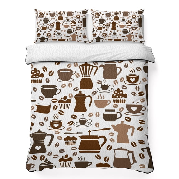 King Quilt Bedding Set Coffee Maker Beans Cups Cake Summer Quilt Lightweight Quilted Coverlet with 2 Pillow Shams, Coffee Time 3-Piece Bedspread Quilt Set for All Season