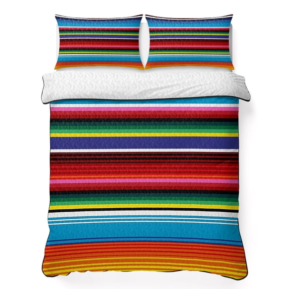 King Quilt Bedding Set, Colorful Mexican Stripe Orange Soft Microfiber Summer Bedspread Coverlet with 2 Pillow Shams for All Season, Gradient Watercolor Line Breathable Bedding Set for Hot Sleepers