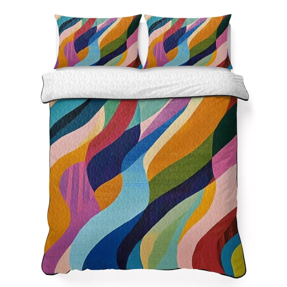 King Quilt Bedding Set Colorful Wavy Boho Style Lightweight Summer Quilted Coverlet for Hot Sleepers, Abstract Geometric Flowing Curves Breathable Soft Blanket with 2 Pillow Shams for All Season