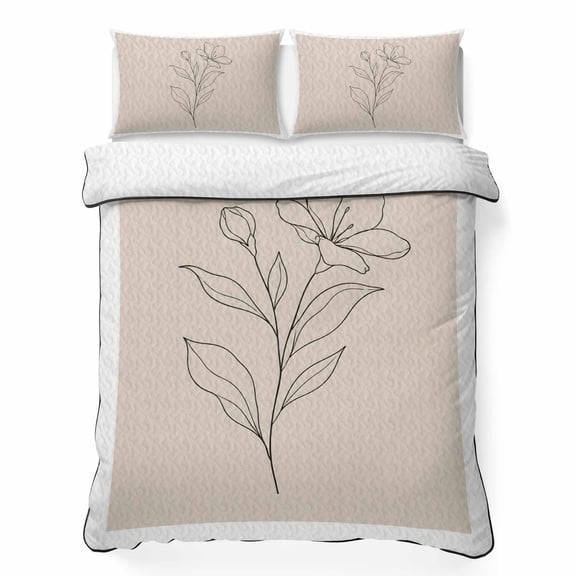 King Quilt Bedding Set Country Floral Botanical Summer Quilt Lightweight Quilted Coverlet with 2 Pillow Shams, Nordic Minimalist Line Art 3-Piece Bedspread Quilt Set for All Season